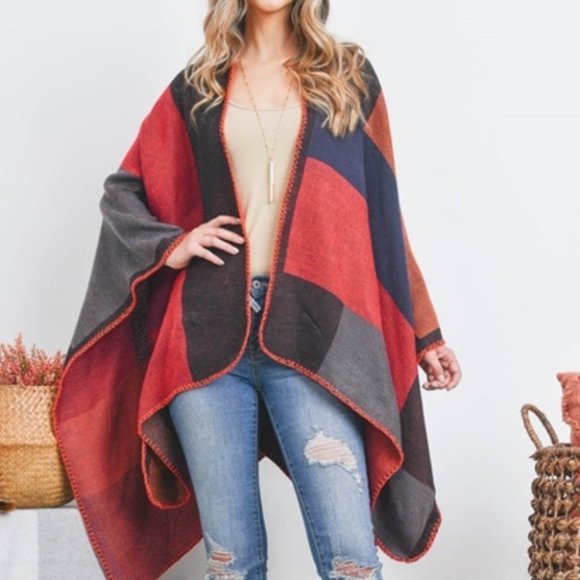 Sweaters - OPEN FRONT GEOMETRIC RECTANGLE PRINT WRAP KIMONO SHAWL